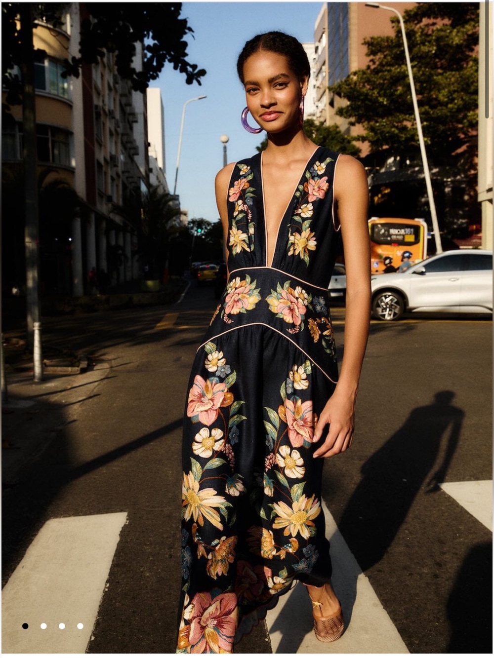 Dark Blue Maira Floral Linen Midi Dress from FARM Rio